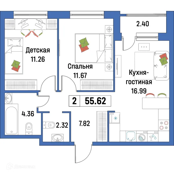 Планировка 2 комн. в ЖК "Урбанист-2"