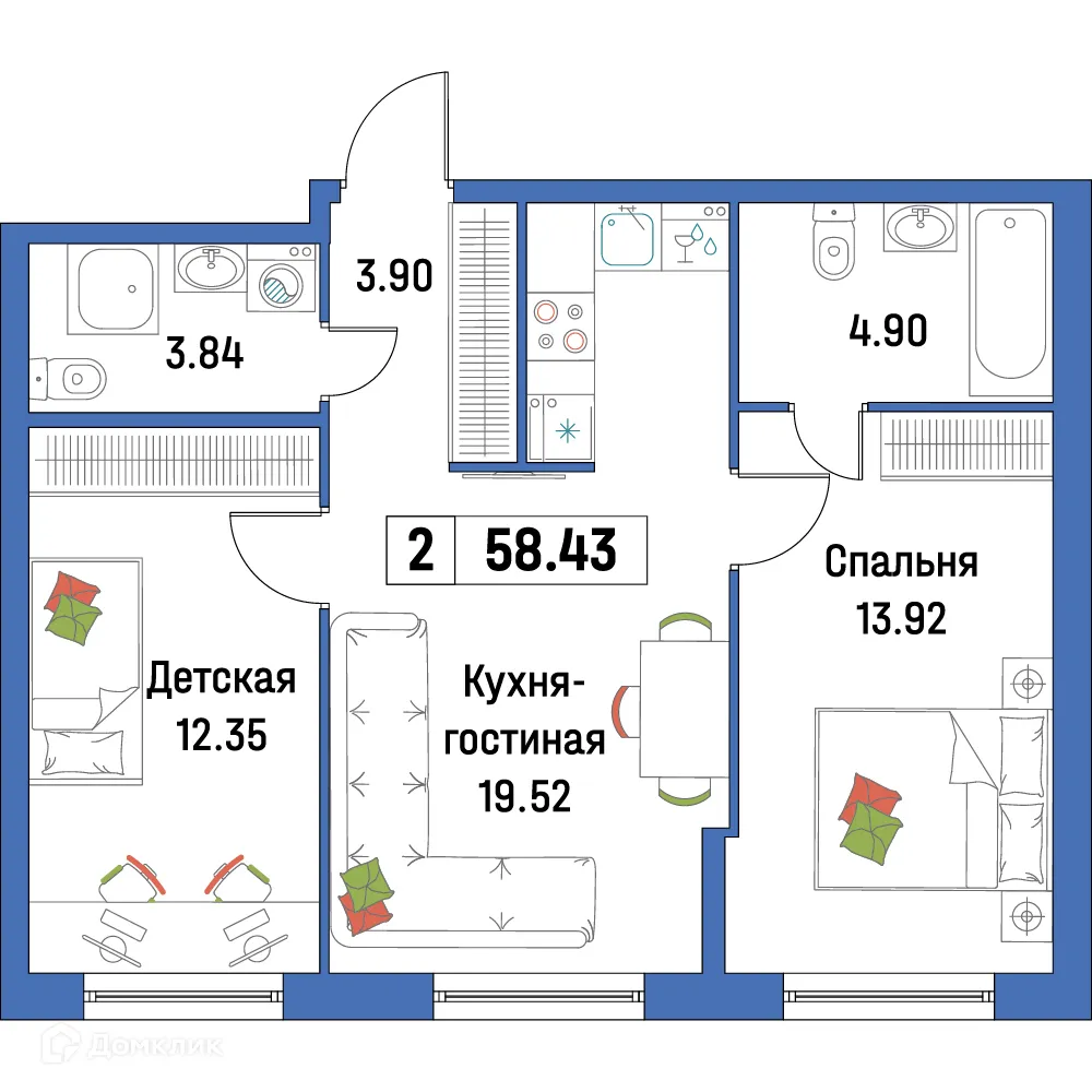 Планировка 2-комнатной квартиры 58.43 м² в ЖК "Урбанист-2", г. Мурино — фото 1
