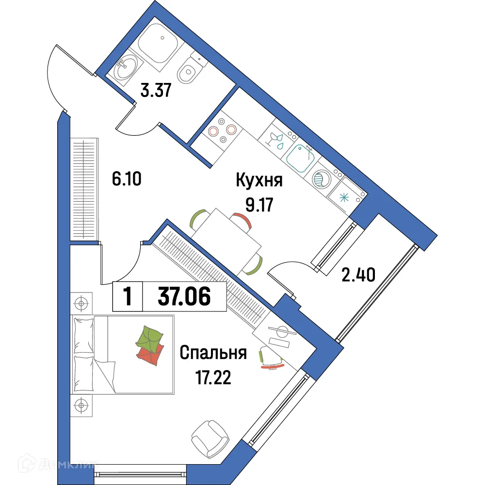 Планировка 1-комнатной квартиры 37.06 м² в ЖК "Урбанист-2", г. Мурино — фото 1