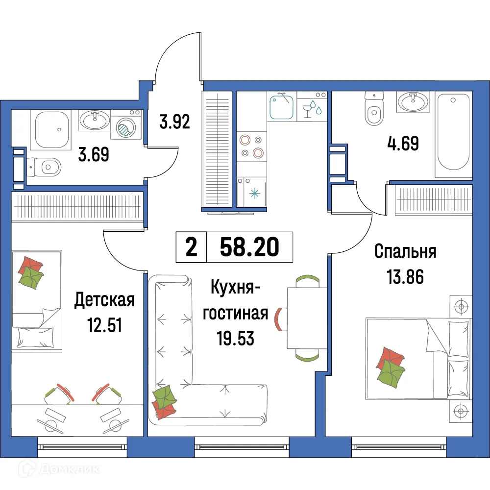 Планировка 2-комнатной квартиры 58.2 м² в ЖК "Урбанист-2", г. Мурино — фото 1