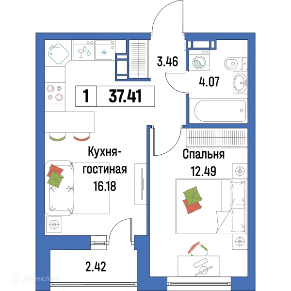 Планировка 1 комн. в ЖК "Урбанист-2"