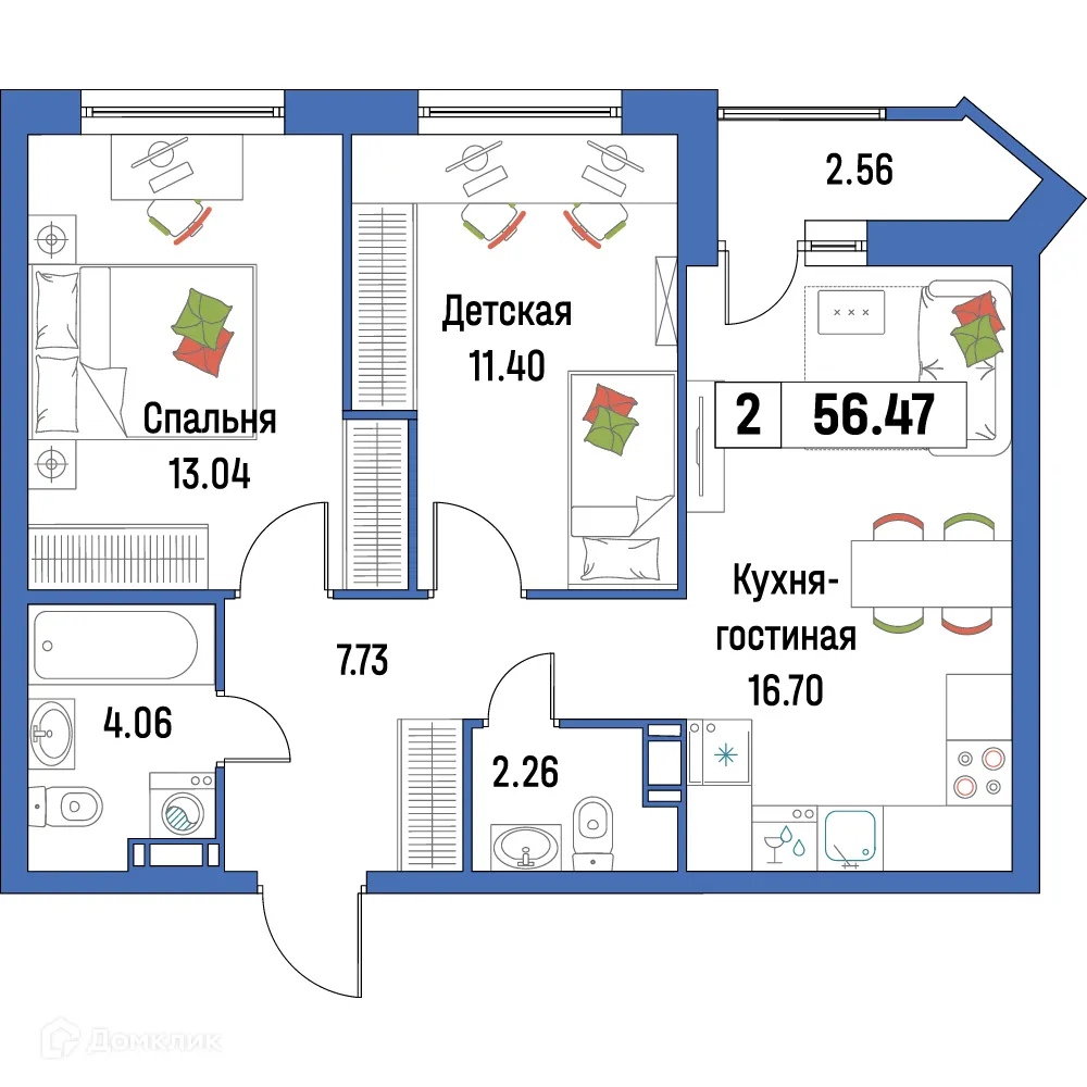 Планировка 2-комнатной квартиры 56.47 м² в ЖК "Урбанист-2", г. Мурино — фото 1