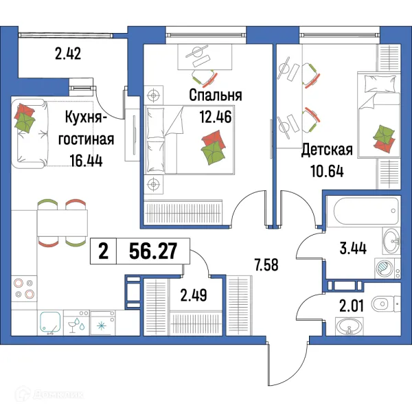 Планировка 2 комн. в ЖК "Урбанист-2"