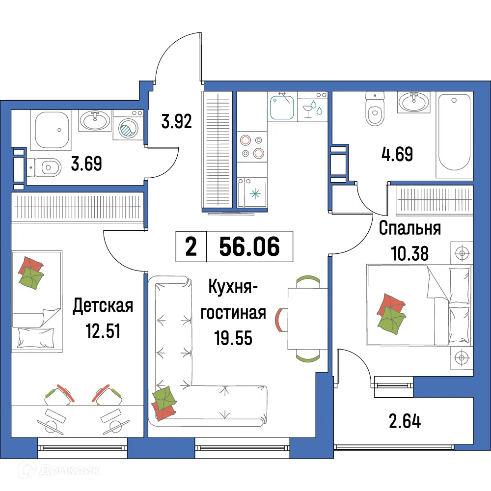 Планировка 2-комнатной квартиры 56.06 м² в ЖК "Урбанист-2", г. Мурино — фото 1
