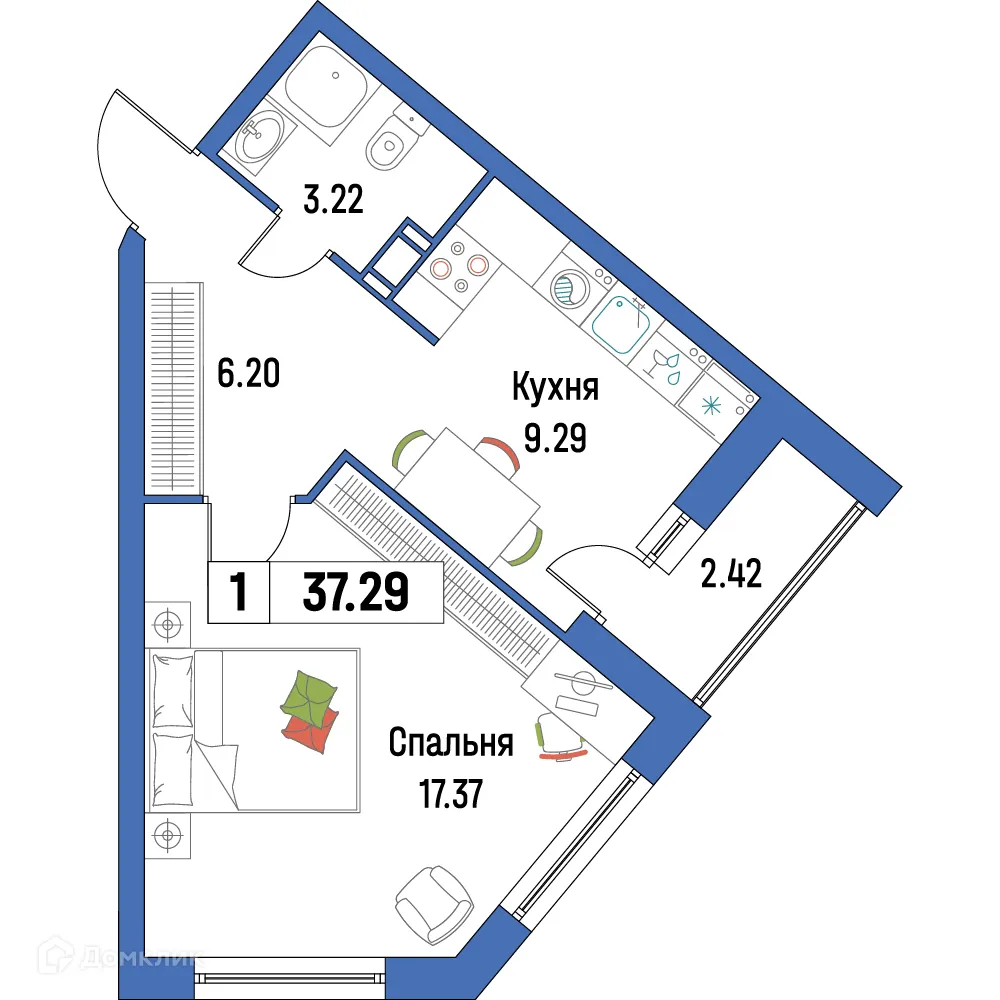 Планировка 1-комнатной квартиры 37.29 м² в ЖК "Урбанист-2", г. Мурино — фото 1