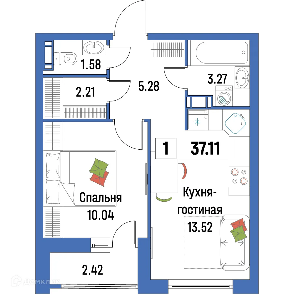 Планировка 1-комнатной квартиры 37.11 м² в ЖК "Урбанист-2", г. Мурино — фото 1