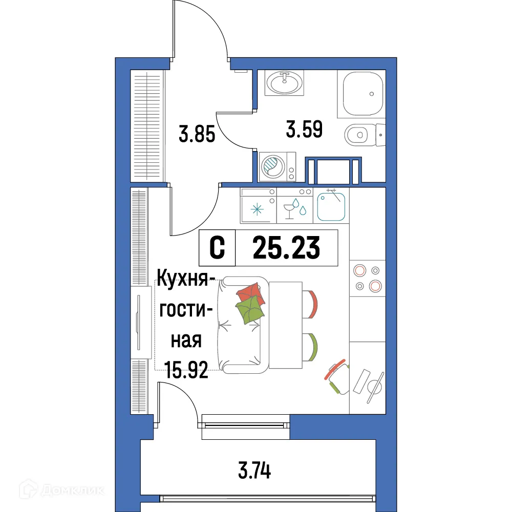 Планировка студии квартиры 25.23 м² в ЖК "Урбанист-2", г. Мурино — фото 1