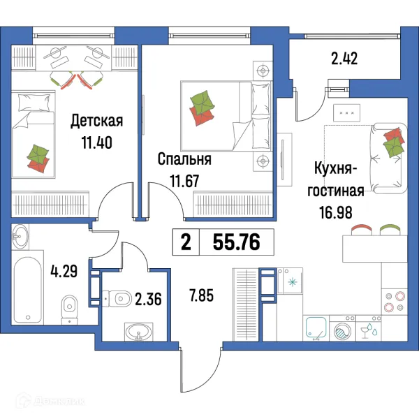 Планировка 2 комн. в ЖК "Урбанист-2"
