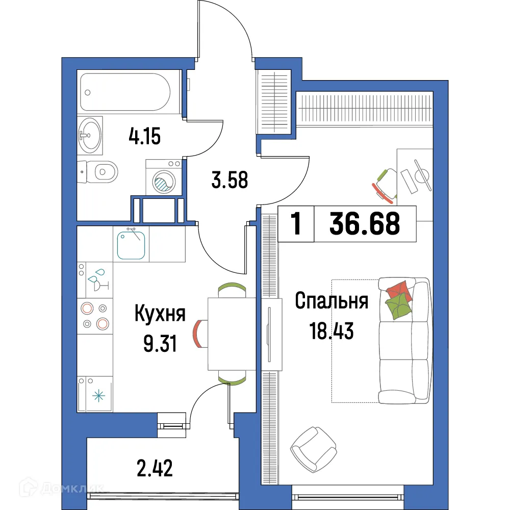 Планировка 1-комнатной квартиры 36.68 м² в ЖК "Урбанист-2", г. Мурино — фото 1