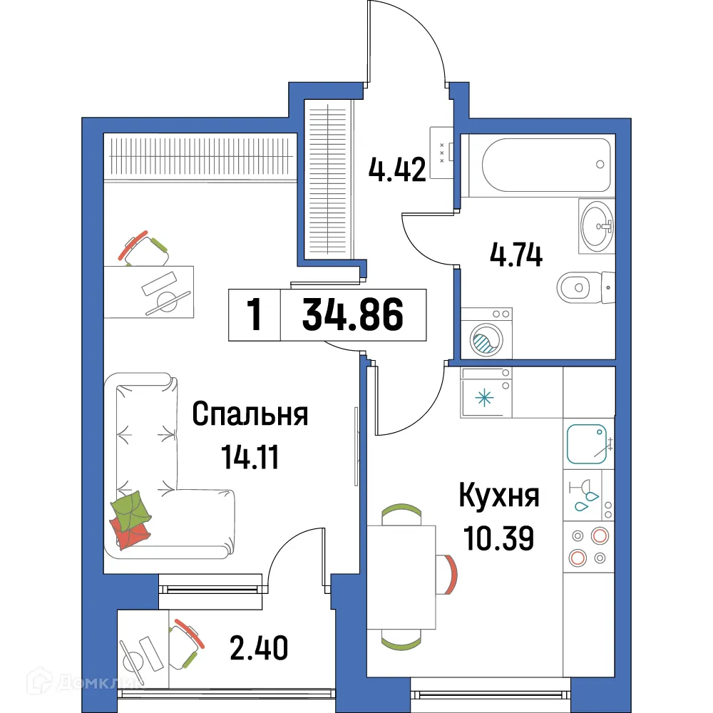 Планировка 1-комнатной квартиры 34.86 м² в ЖК "Урбанист-2", г. Мурино — фото 1