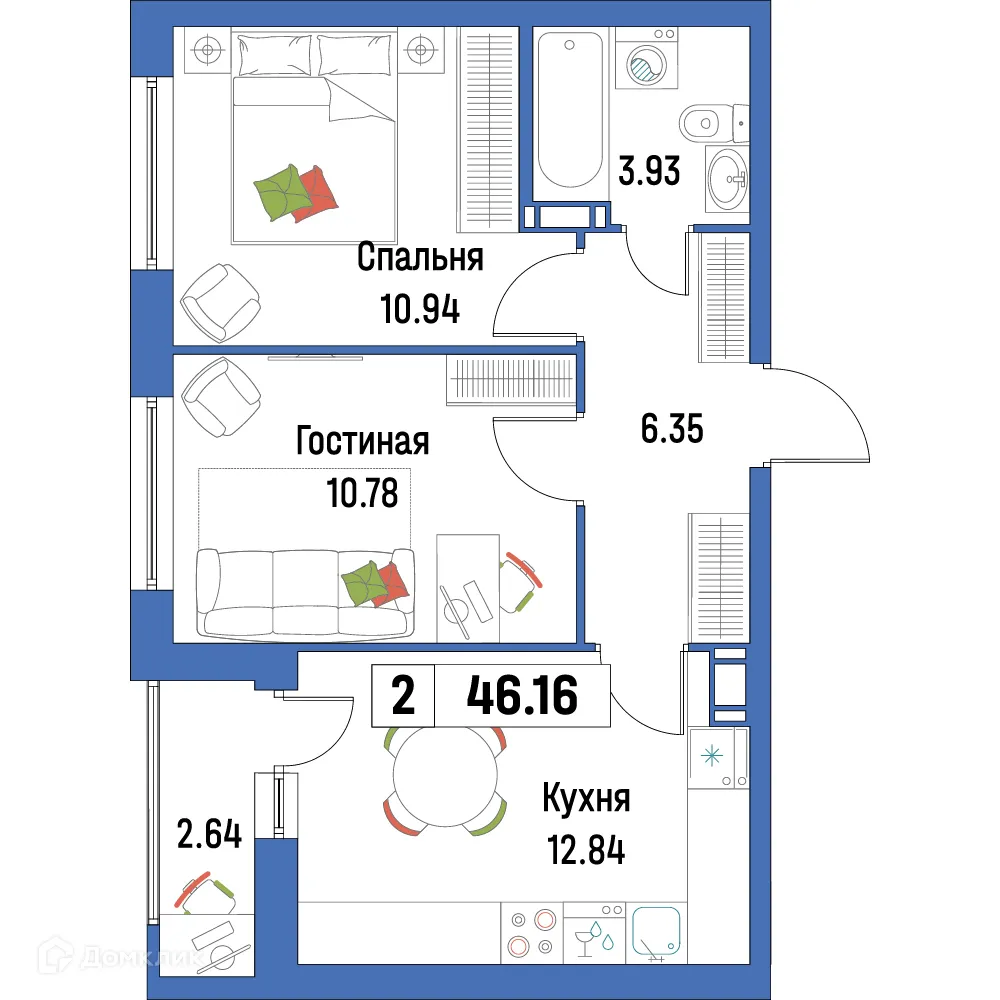 Планировка 2-комнатной квартиры 46.16 м² в ЖК "Урбанист-2", г. Мурино — фото 1