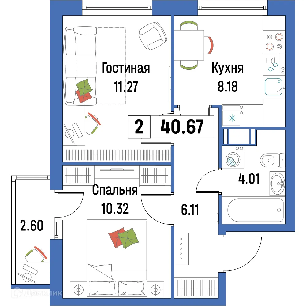 Планировка 2-комнатной квартиры 40.67 м² в ЖК "Урбанист-2", г. Мурино — фото 1