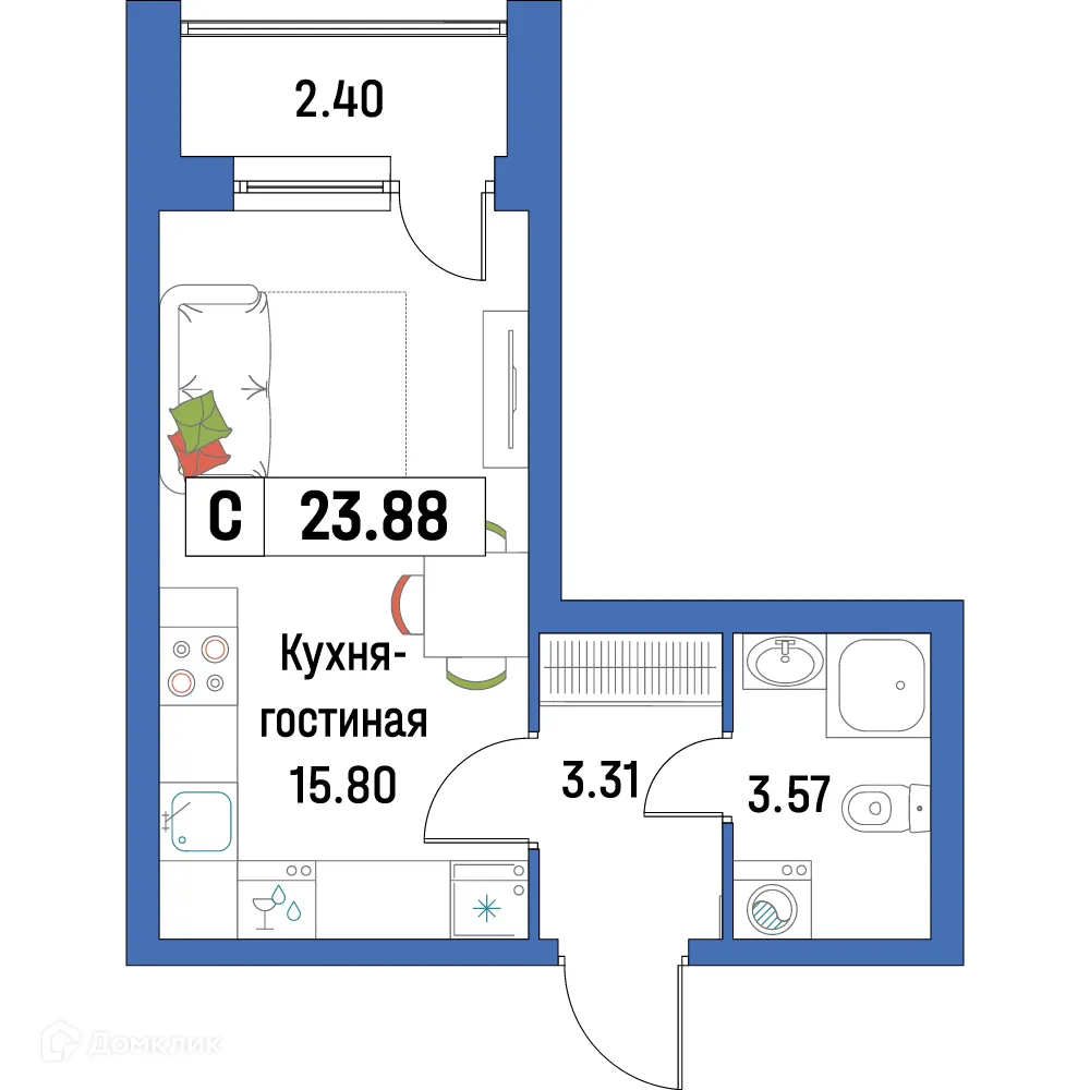 Планировка студии квартиры 23.88 м² в ЖК "Урбанист-2", г. Мурино — фото 1