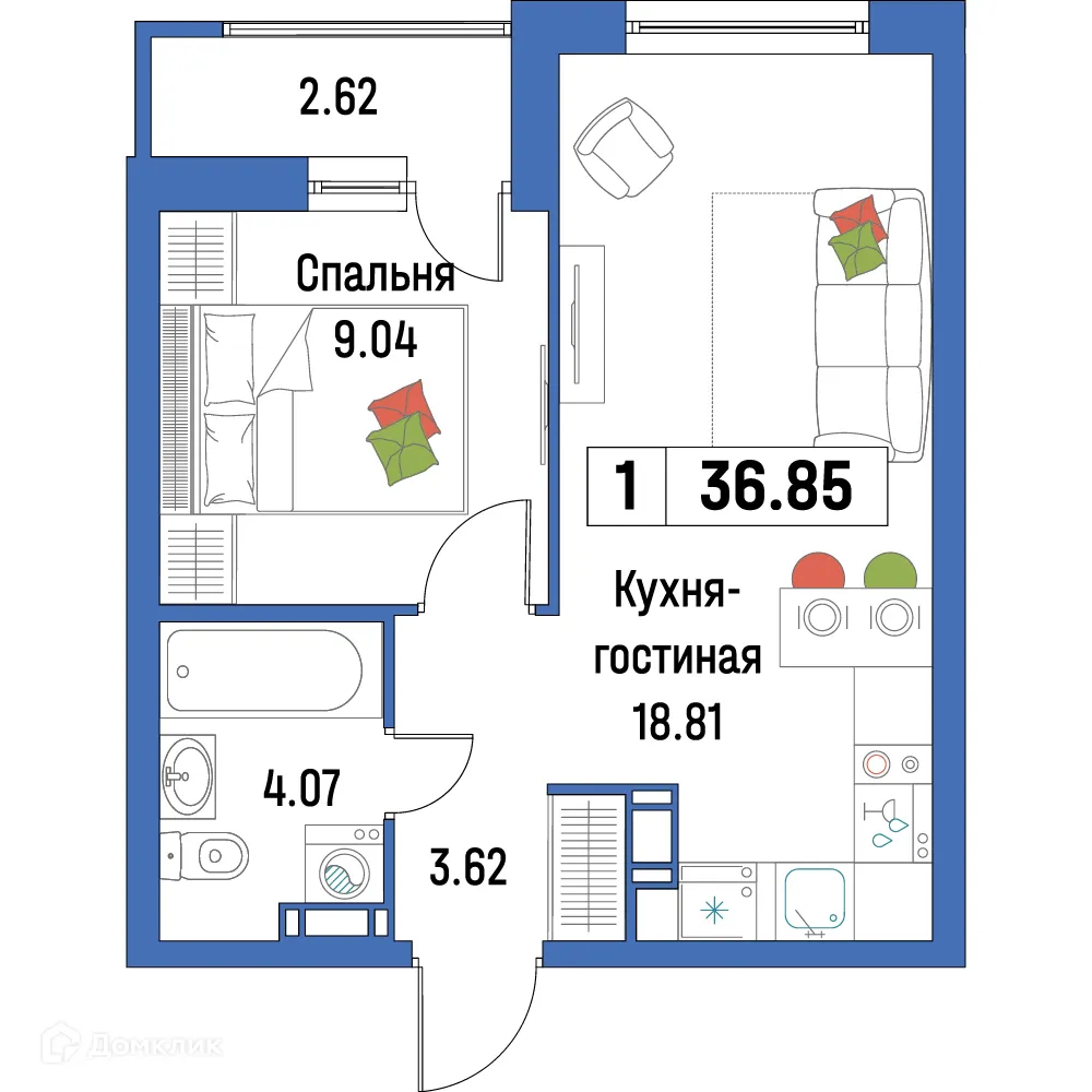 Планировка 1-комнатной квартиры 36.85 м² в ЖК "Урбанист-2", г. Мурино — фото 1