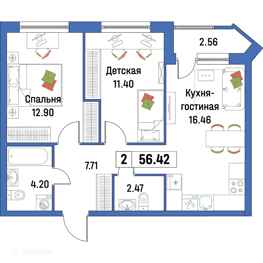 Планировка 2-комнатной квартиры 56.42 м² в ЖК "Урбанист-2", г. Мурино — фото 1