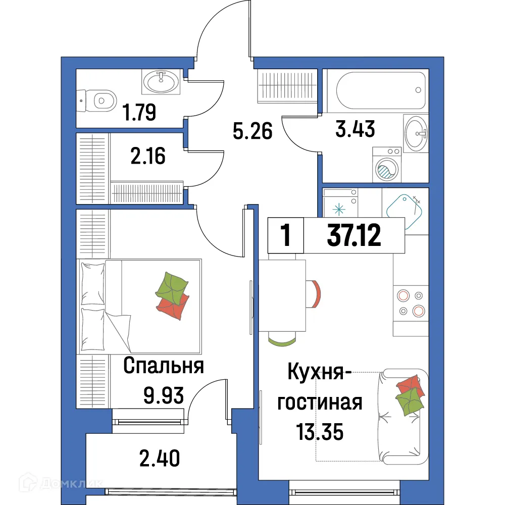 Планировка 1-комнатной квартиры 37.12 м² в ЖК "Урбанист-2", г. Мурино — фото 1