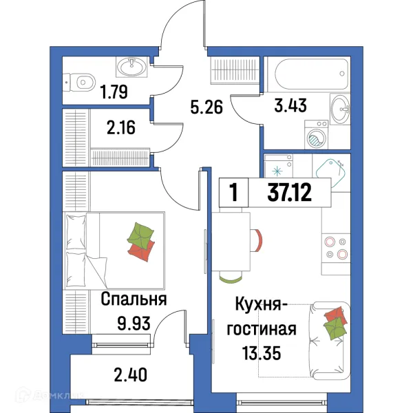 Планировка 1 комн. в ЖК "Урбанист-2"