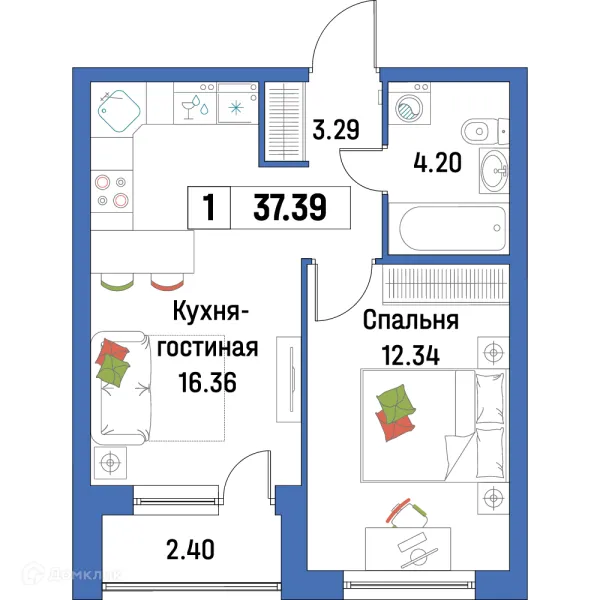 Планировка 1 комн. в ЖК "Урбанист-2"