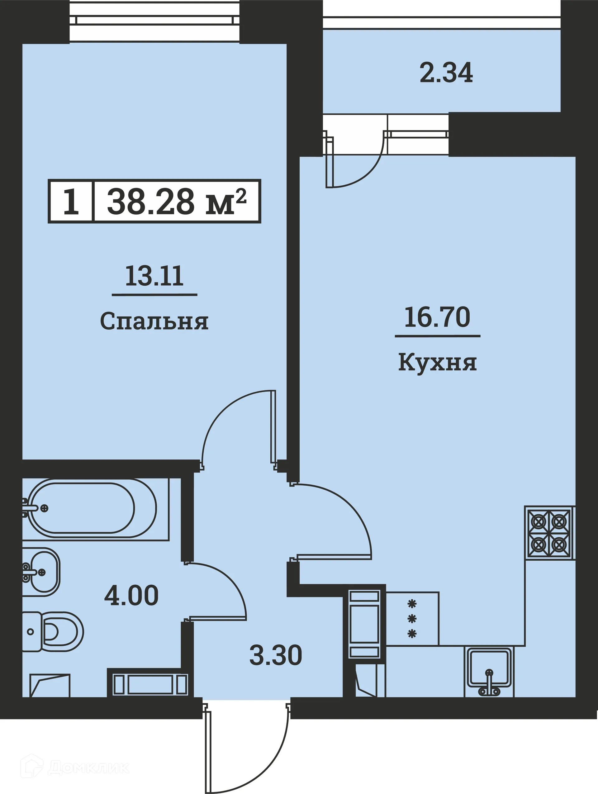 Планировка 1-комнатной квартиры 38.28 м² в ЖК "Урбанист-2", г. Мурино — фото 1