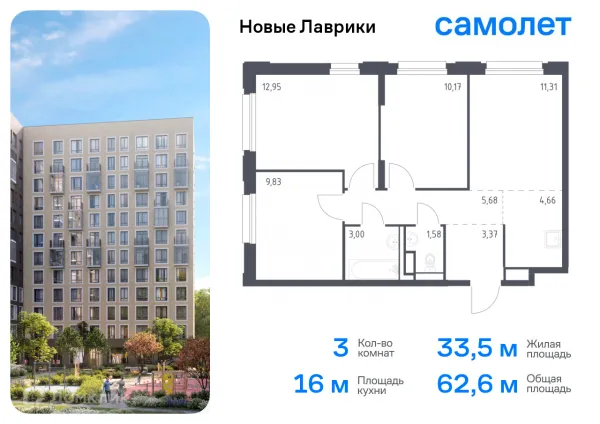 Планировка 3 комн. в ЖК Новые Лаврики