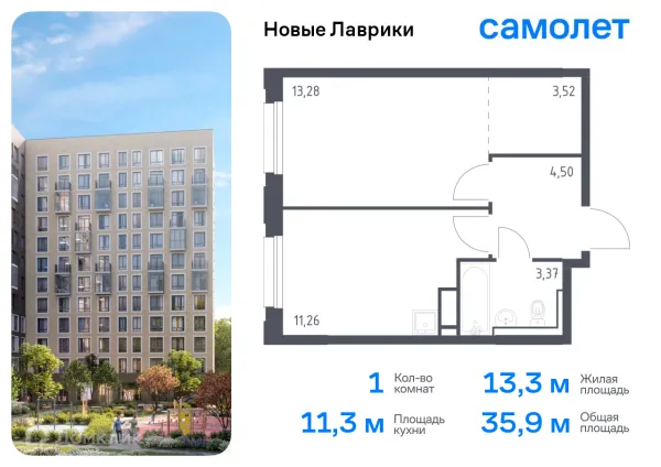 Планировка 1 комн. в ЖК Новые Лаврики