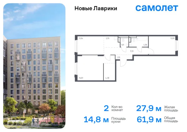 Планировка 2 комн. в ЖК Новые Лаврики