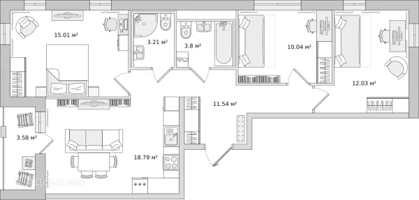 Планировка 3 комн. в ЖК "Мурино Space (Мурино Спэйс)"
