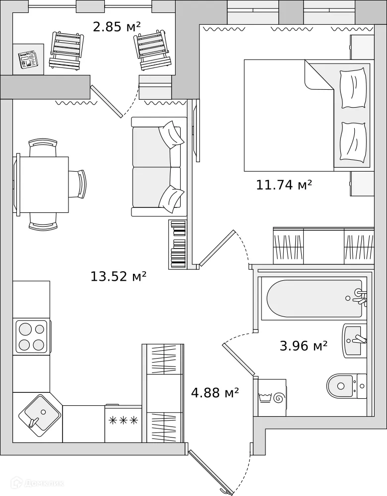 Планировка 1-комнатной квартиры 34.1 м² в ЖК "Мурино Space (Мурино Спэйс)", г. Мурино — фото 1