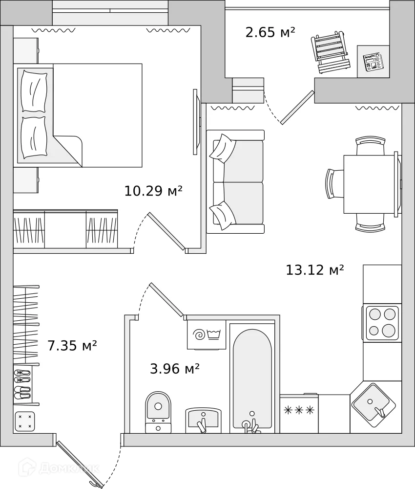 Планировка 1-комнатной квартиры 34.4 м² в ЖК "Мурино Space (Мурино Спэйс)", г. Мурино — фото 1