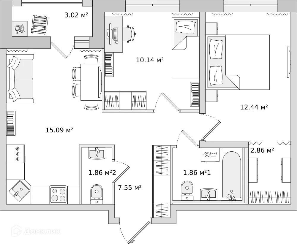Планировка 2-комнатной квартиры 53.9 м² в ЖК "Мурино Space (Мурино Спэйс)", г. Мурино — фото 1