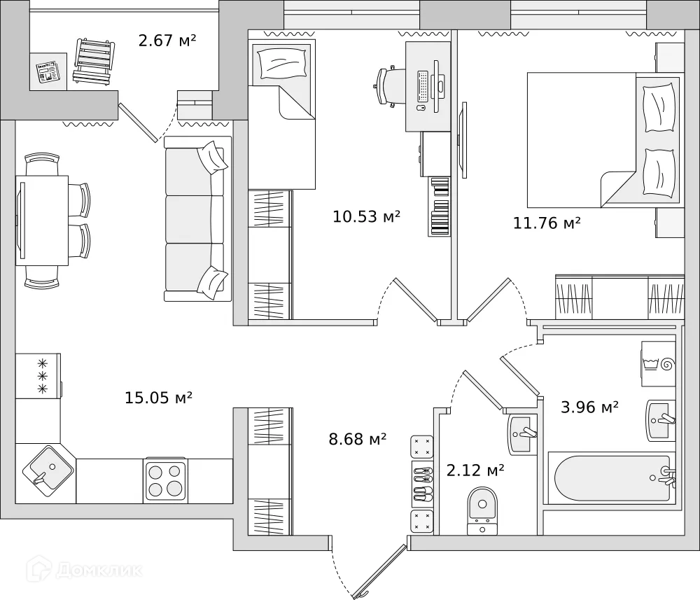 Планировка 2-комнатной квартиры 51.6 м² в ЖК "Мурино Space (Мурино Спэйс)", г. Мурино — фото 1