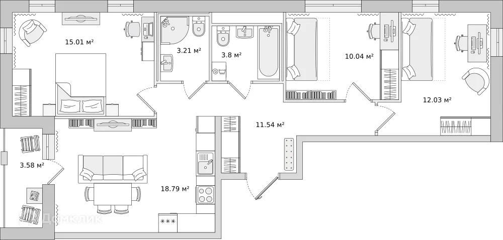Планировка 3-комнатной квартиры 73.5 м² в ЖК "Мурино Space (Мурино Спэйс)", г. Мурино — фото 1