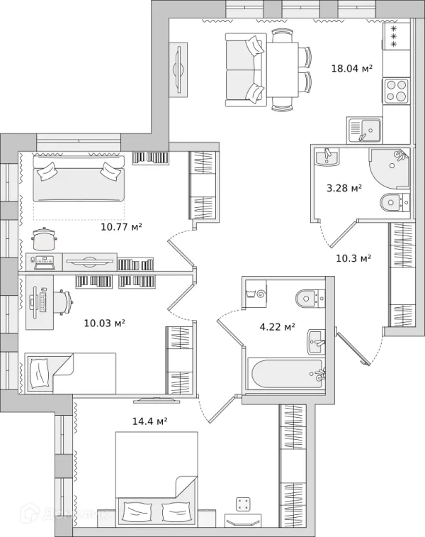 Планировка 3 комн. в ЖК "Мурино Space (Мурино Спэйс)"