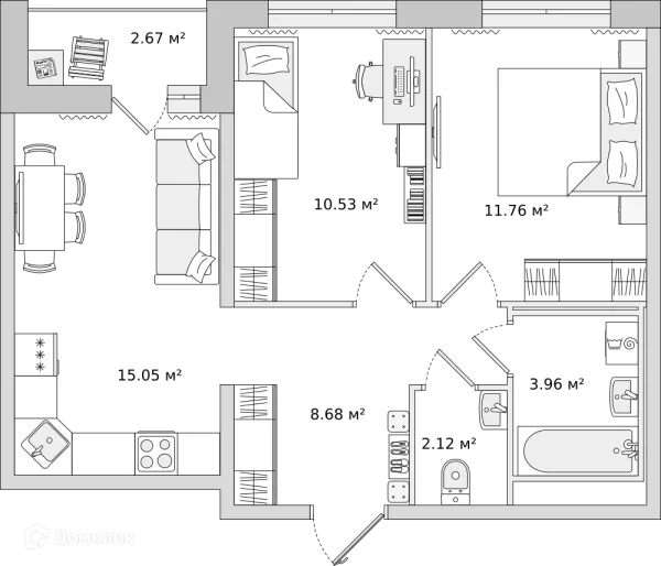 Планировка 2 комн. в ЖК "Мурино Space (Мурино Спэйс)"