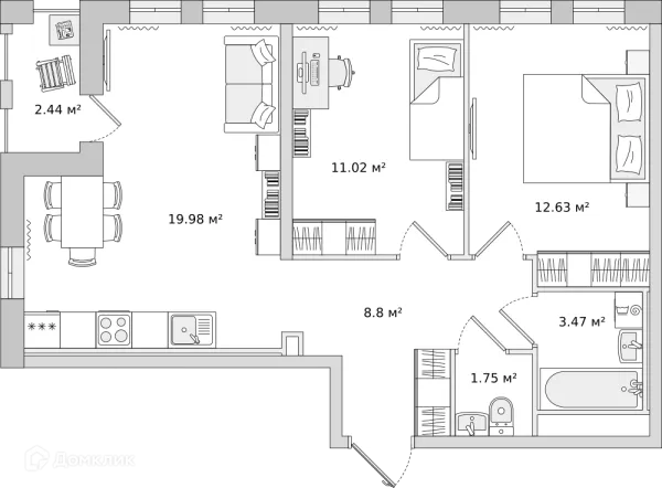 Планировка 2 комн. в ЖК "Мурино Space (Мурино Спэйс)"