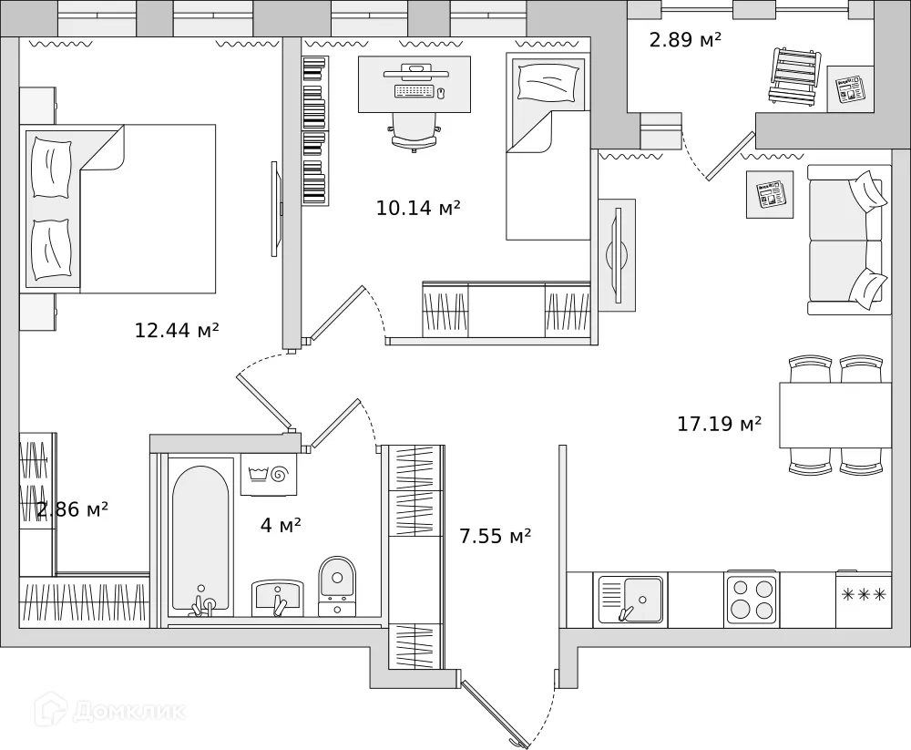 Планировка 2-комнатной квартиры 54.2 м² в ЖК "Мурино Space (Мурино Спэйс)", г. Мурино — фото 1