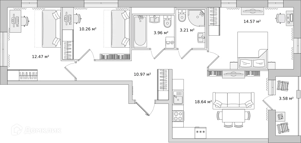 Планировка 3-комнатной квартиры 73.2 м² в ЖК "Мурино Space (Мурино Спэйс)", г. Мурино — фото 1