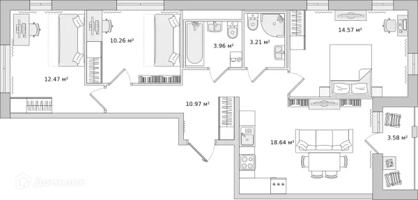 Планировка 3 комн. в ЖК "Мурино Space (Мурино Спэйс)"