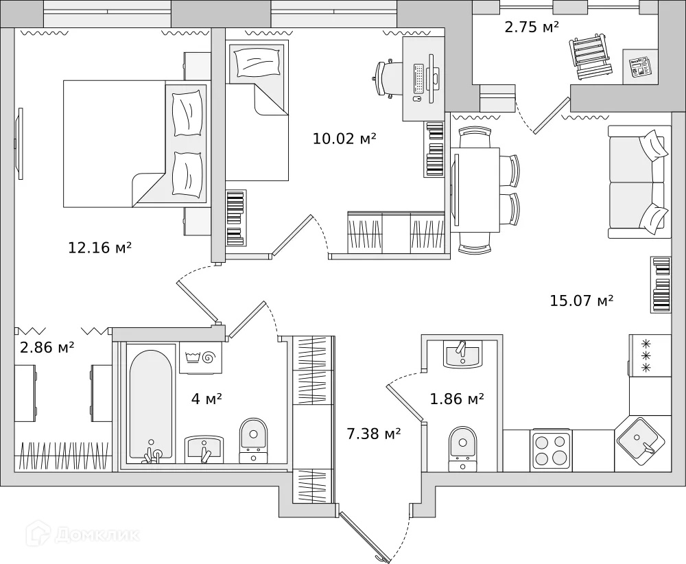 Планировка 2-комнатной квартиры 53.3 м² в ЖК "Мурино Space (Мурино Спэйс)", г. Мурино — фото 1