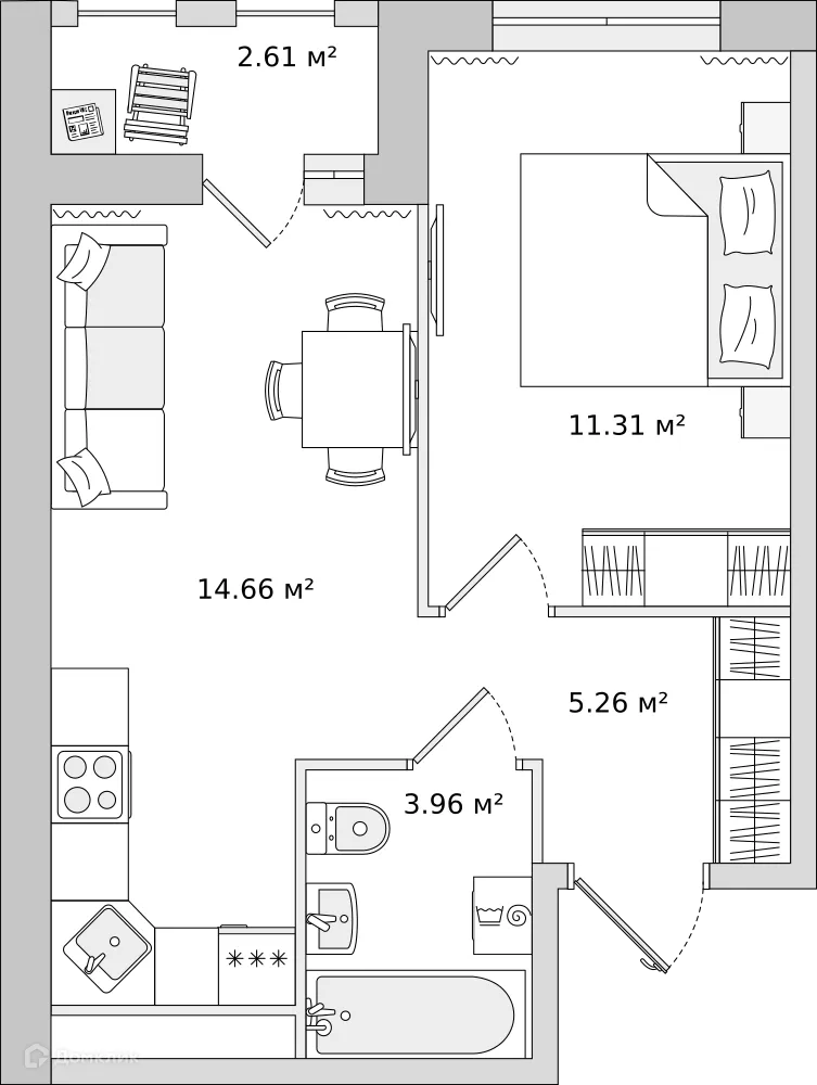 Планировка 1-комнатной квартиры 34.9 м² в ЖК "Мурино Space (Мурино Спэйс)", г. Мурино — фото 1