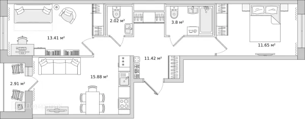 Планировка 2 комн. в ЖК "Мурино Space (Мурино Спэйс)"