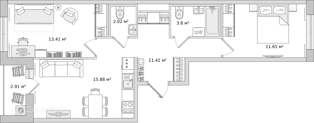 Планировка 2-комнатной квартиры 57.3 м² в ЖК "Мурино Space (Мурино Спэйс)", г. Мурино — фото 1