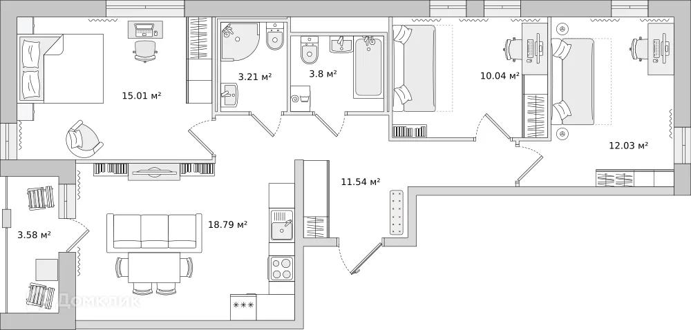 Планировка 3-комнатной квартиры 73.9 м² в ЖК "Мурино Space (Мурино Спэйс)", г. Мурино — фото 1