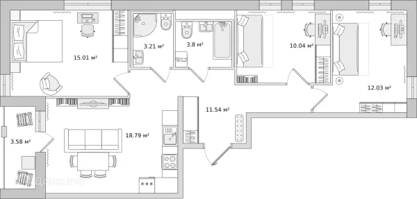 Планировка 3 комн. в ЖК "Мурино Space (Мурино Спэйс)"