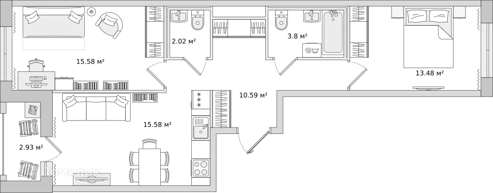 Планировка 2-комнатной квартиры 56.2 м² в ЖК "Мурино Space (Мурино Спэйс)", г. Мурино — фото 1
