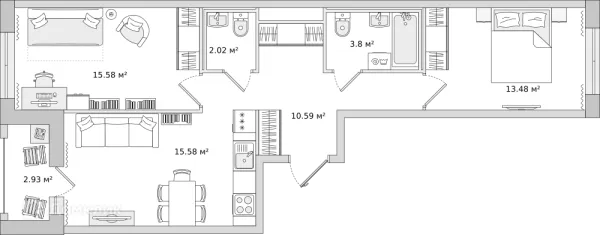 Планировка 2 комн. в ЖК "Мурино Space (Мурино Спэйс)"