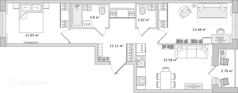 Планировка 2-комнатной квартиры 57 м² в ЖК "Мурино Space (Мурино Спэйс)", г. Мурино — фото 1