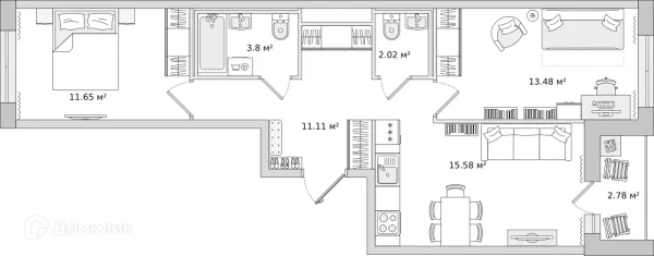 Планировка 2 комн. в ЖК "Мурино Space (Мурино Спэйс)"
