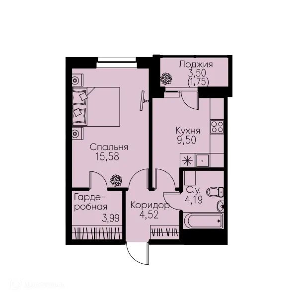 Планировка 1 комн. в ЖК "ID Murino II (Ай ди Мурино II)"