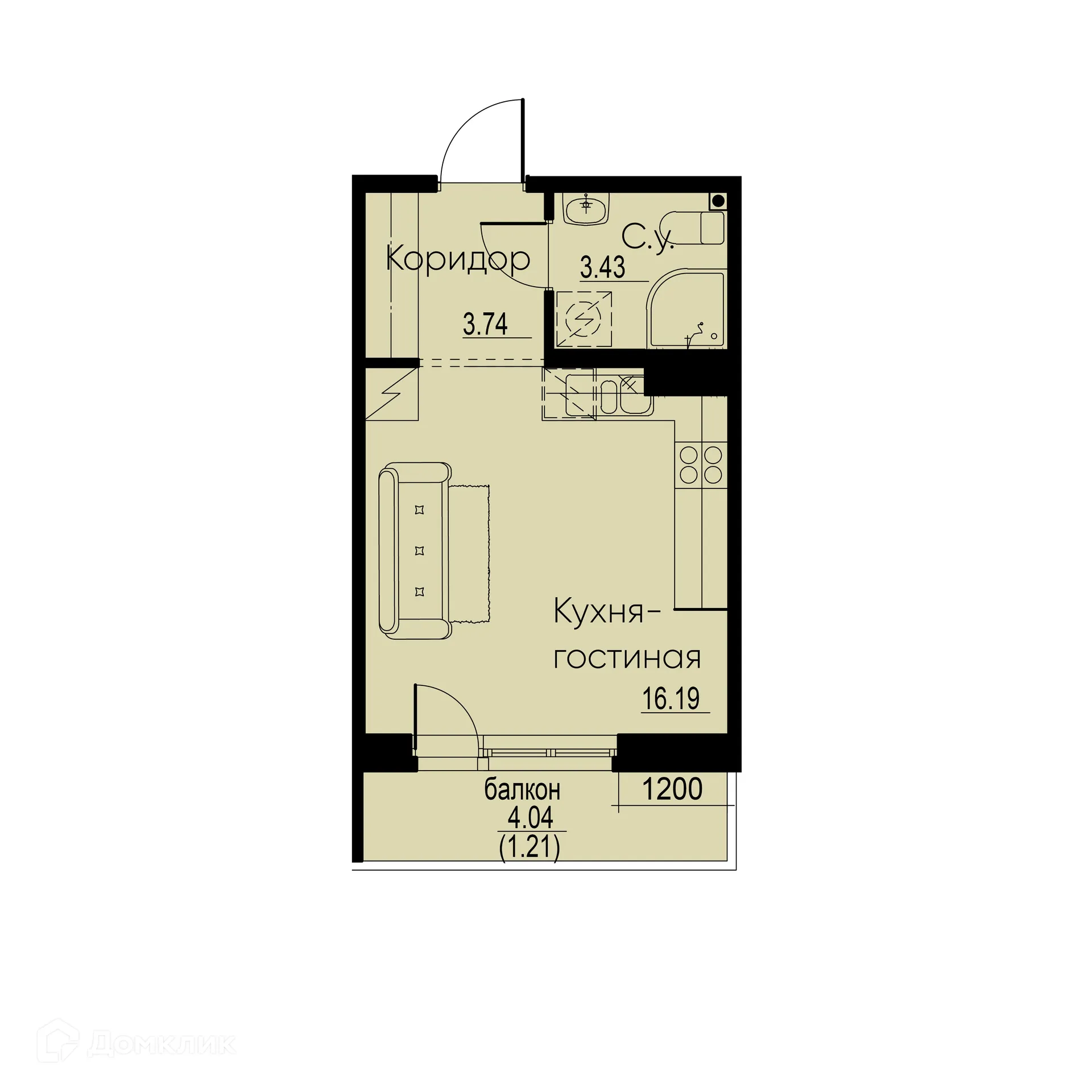 Планировка студии квартиры 24.57 м² в ЖК "ID Murino II (Ай ди Мурино II)", г. Мурино — фото 1
